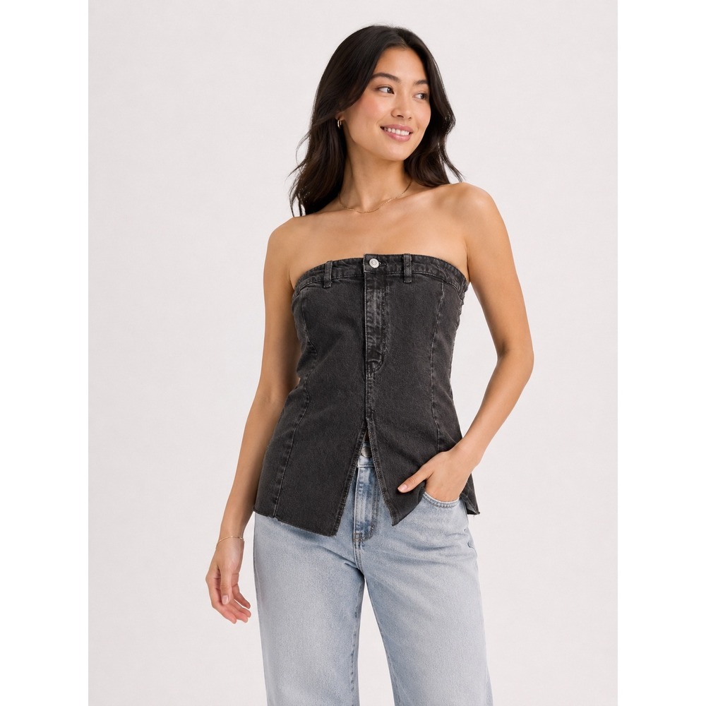 Zara Denim Tube Top sz XL gray Strapless Smocked Back Y2K 90s Indie‎ Sleaze